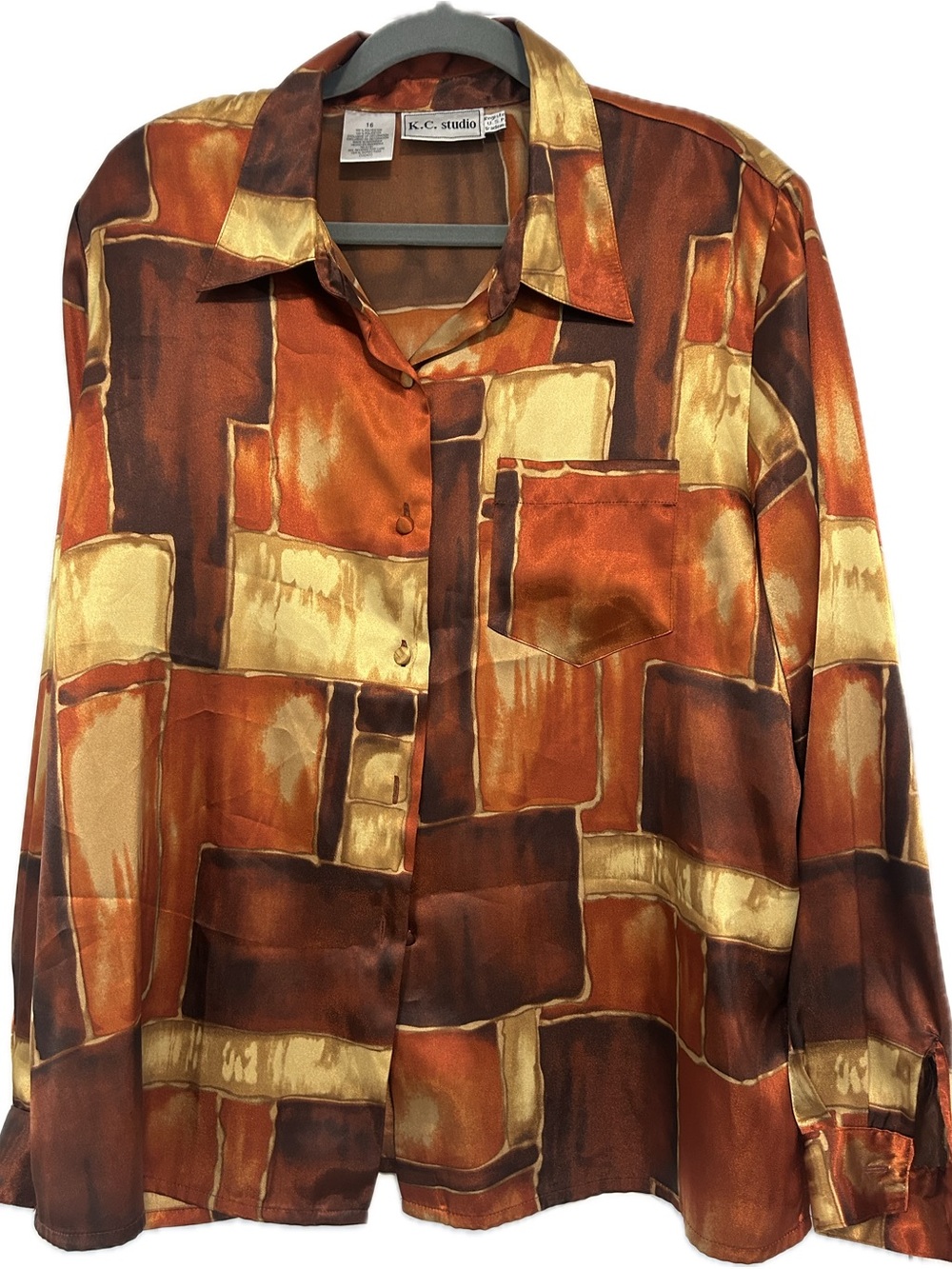K.C. Studio Rust & Gold Satin-Effect Button Front Blouse( vintage )